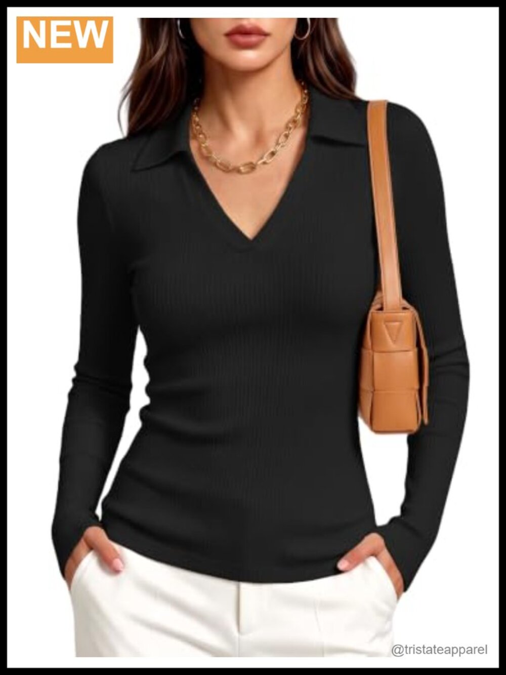 Slim Fit Long Sleeve V-Neck Ribbed Polo Shirt Business Casual